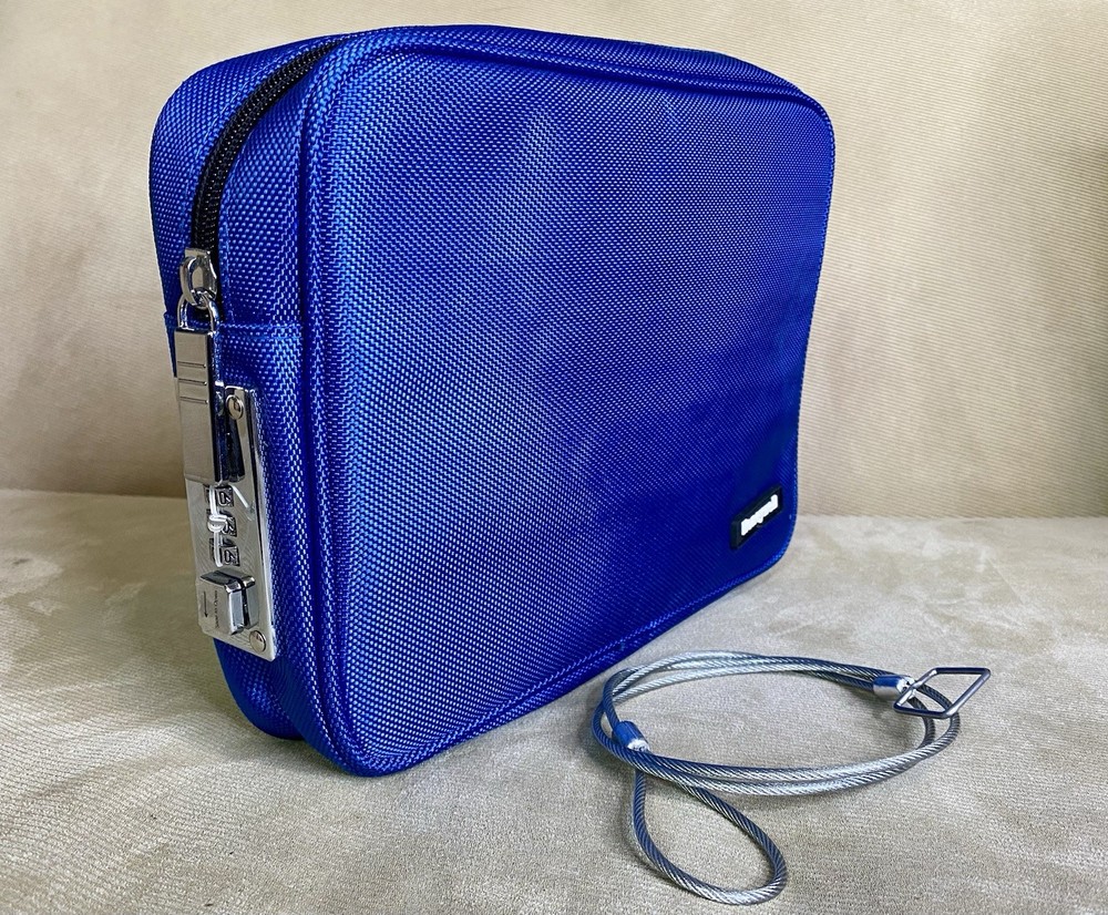 Locking Privacy Pouch LARGE BLUE Combo Latch Security Tether BAG SAFE 10.2x7.8x2