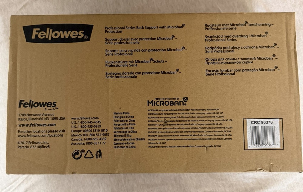 Fellowes Professional Series Back Support w/ Microban NEW Open Box