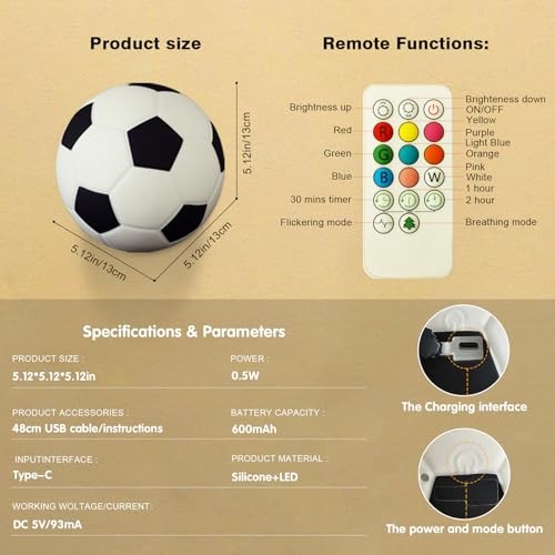 Soccer Silicone Night Light，Rechargeable Small Lamp Dimmable with Soft