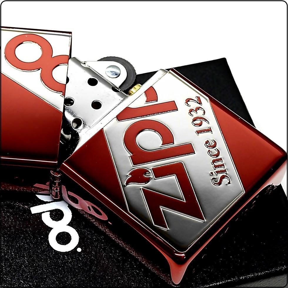 Zippo Diagonal Big Logo 1932 Red Silver Single Sided Etching Regular Japan