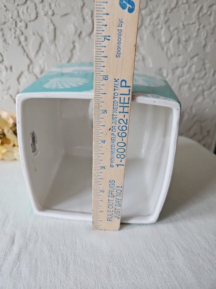 Ceramic Tissue Box Cover Beach House Seashell Crab Aqua White