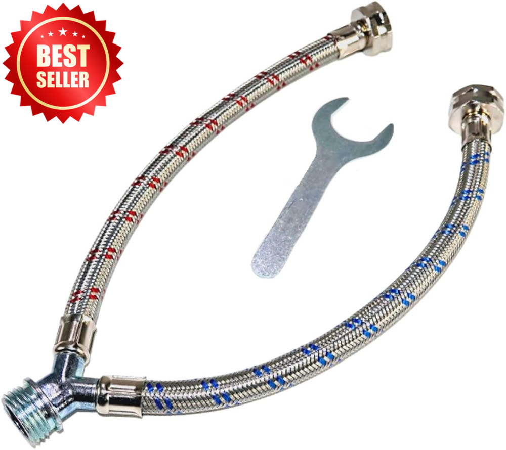 Washing Machine Y-Splitter Hose 1ft SS Burst Proof 3/4" Brass Hot Cold US