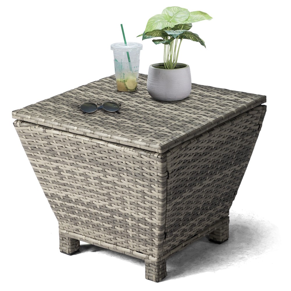 Outdoor PE Wicker Side Table with Storage, Small Patio
