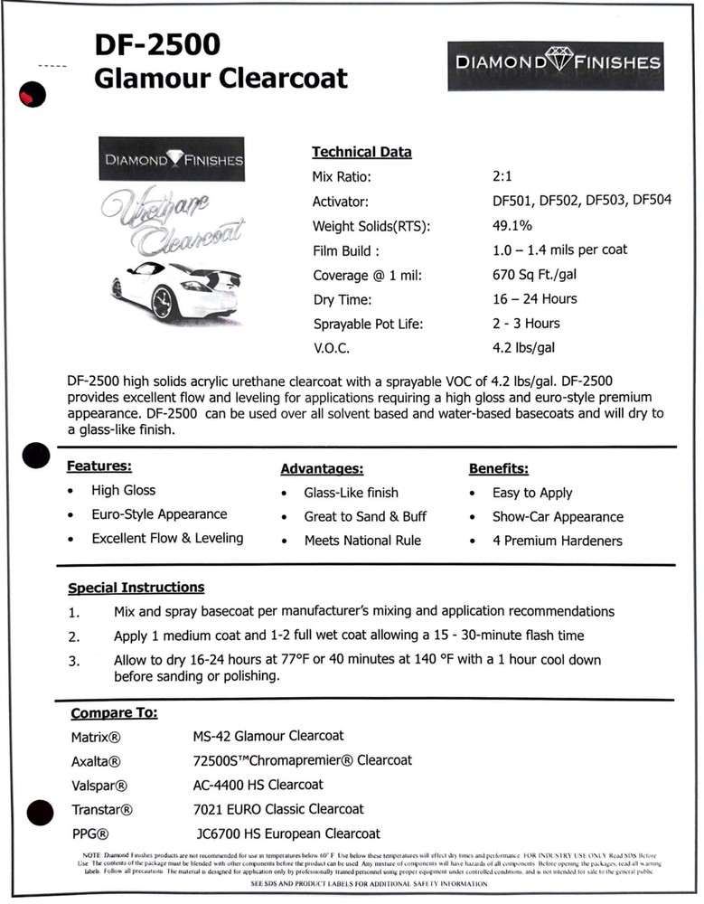 Diamond 2:1 DF-2500 Euro Auto Clear Coat Kit 7.5 Liter High Solid High Gloss