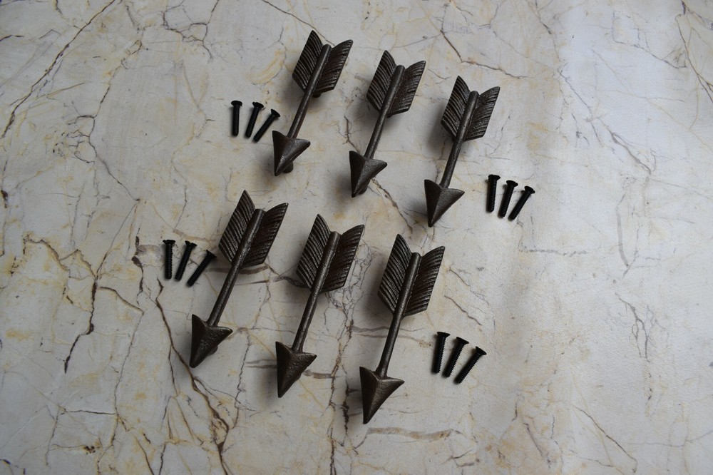 Vintage cast iron Arrow cabinet drawer door knobs handles pull rustic 6 pcs