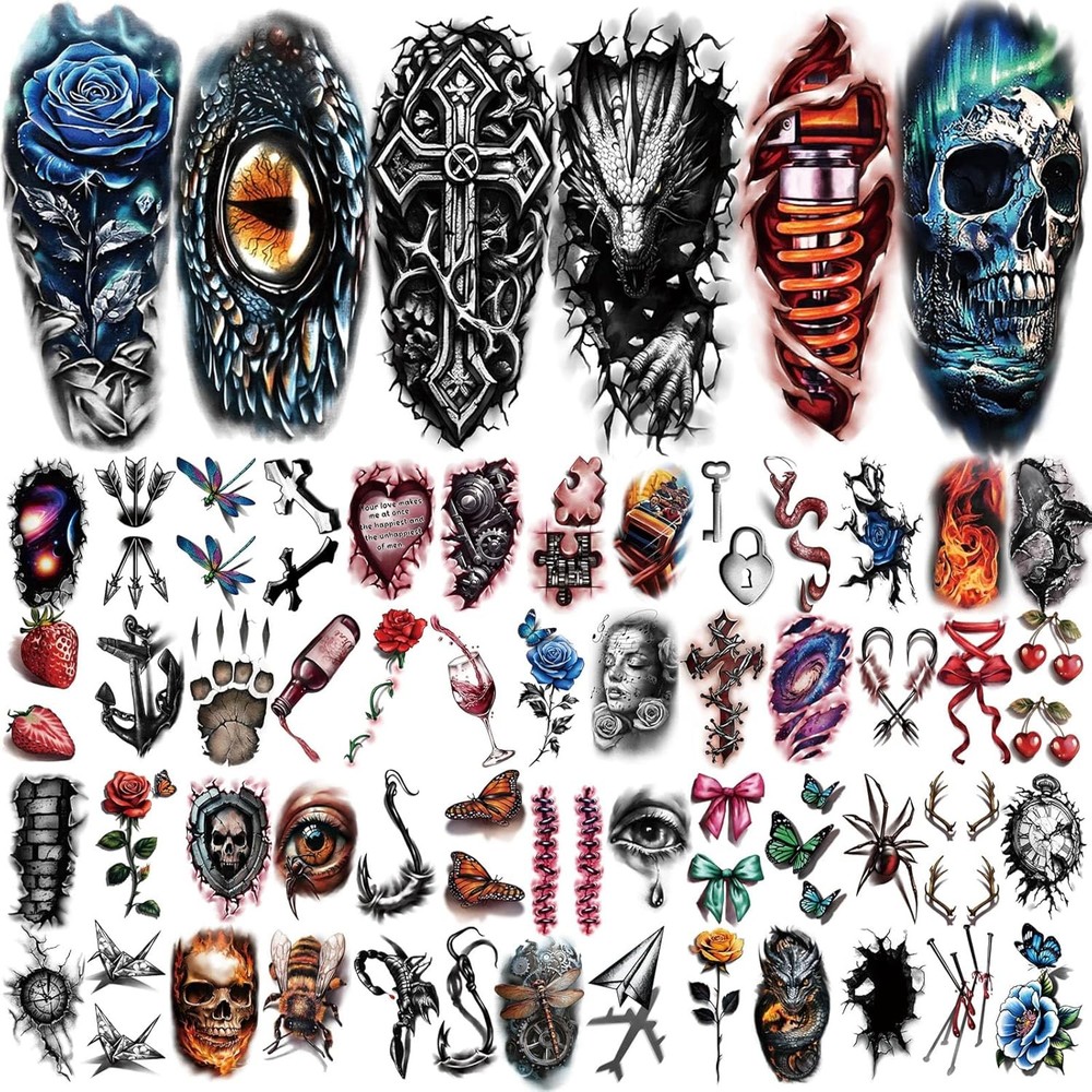 77 Sheets 3D Realistic Temporary Tattoos Adults Kids, Large,