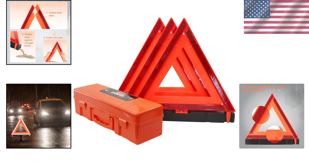 3 Pack Foldable Reflective Warning Triangles - Essential Roadside Safety Kit