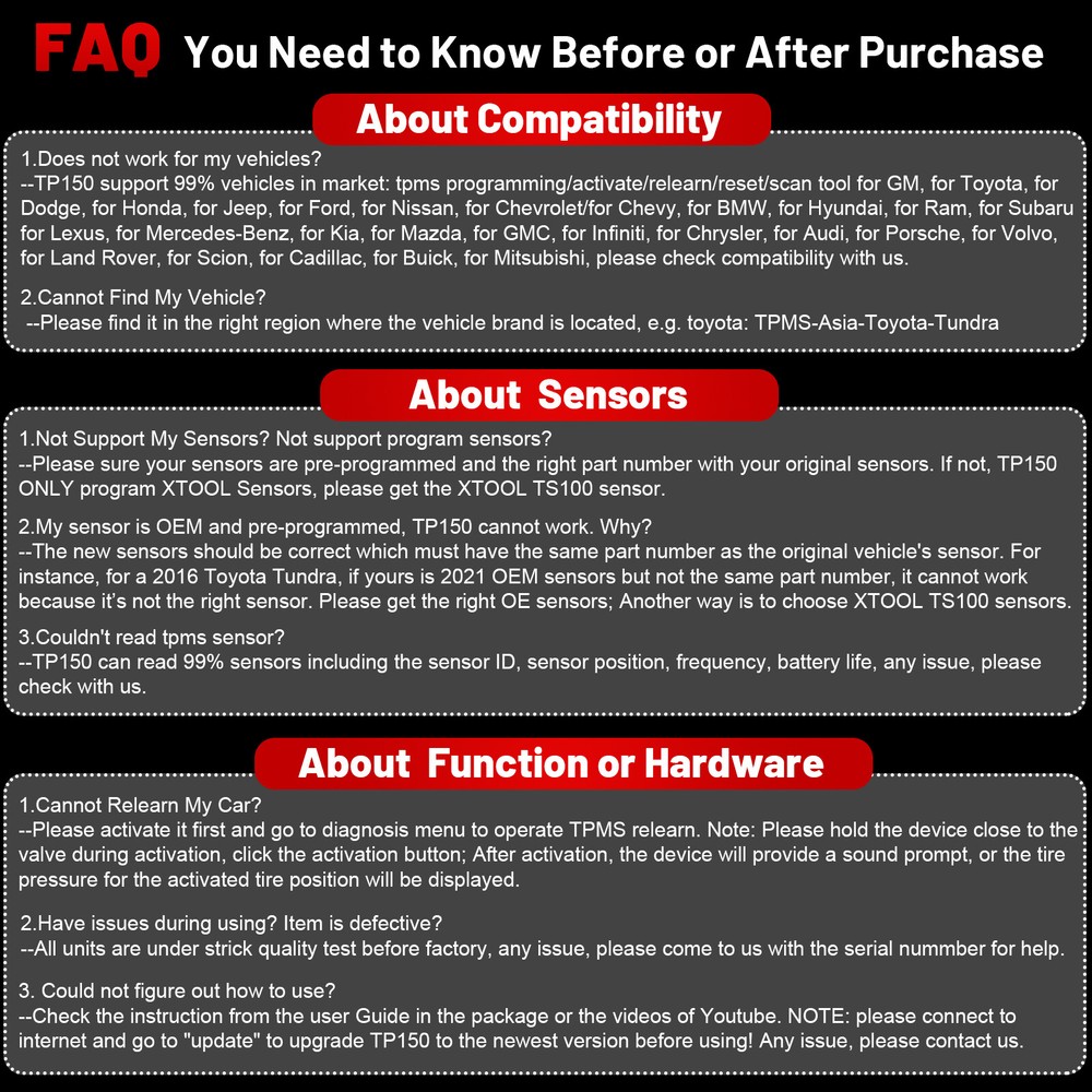 XTOOL TP150 TPMS Program TS100*4 Relearn Reset Activate Universal Tire Sensor