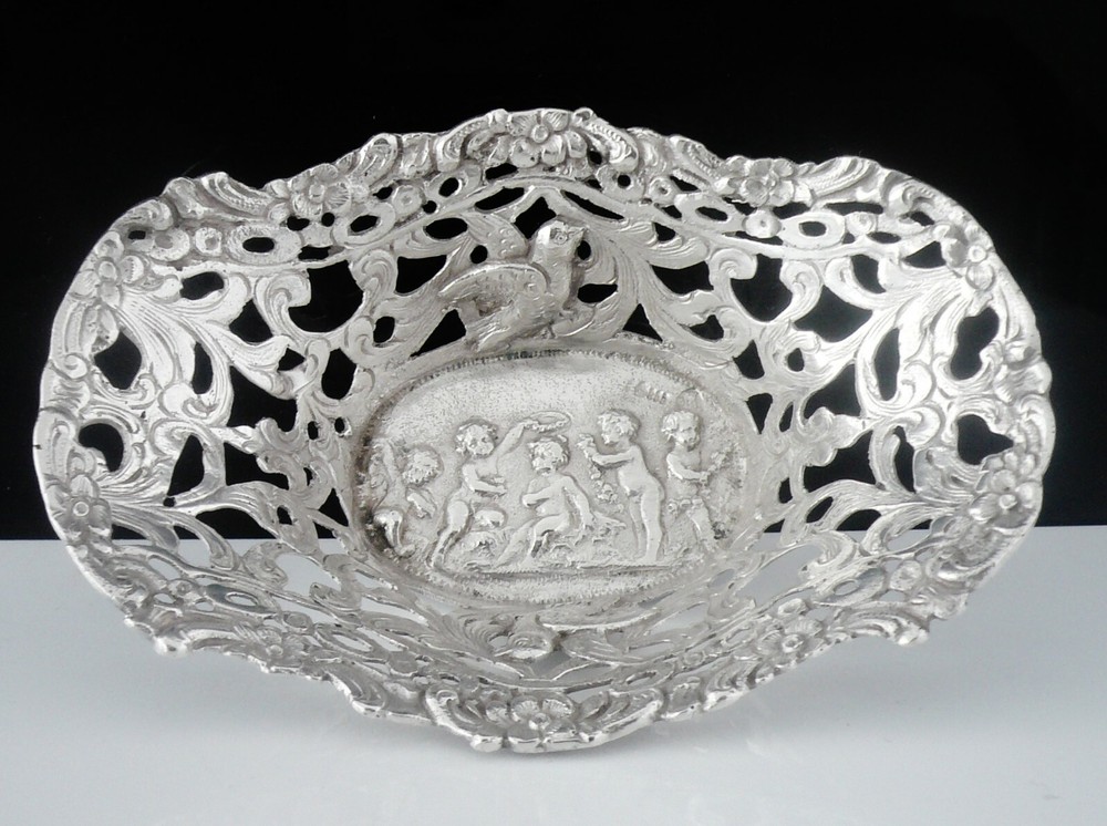 Antique Hanau Silver Openwork Cherub & Birds Dish c.1890