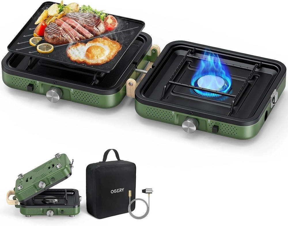 Versatile 2-Burner Foldable Camping Stove with Dual Griddle – Compact & Portable