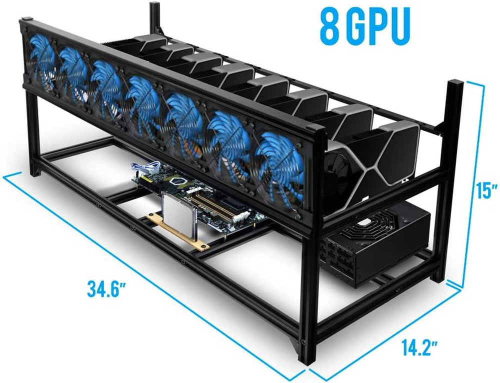 8 GPU Open Air Mining Rig Frame Aluminum Case Stackable 7 Fan Slot PC Test Bench