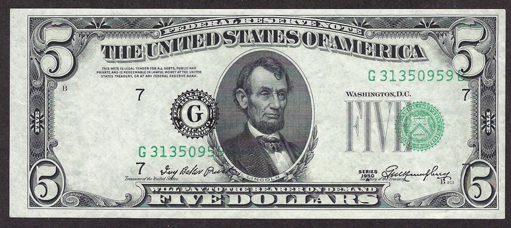🇺🇸 ERROR 1950A  $5  ♚♚MAJOR MISALIGNED OVERPRINT♚♚ HARD TO FIND