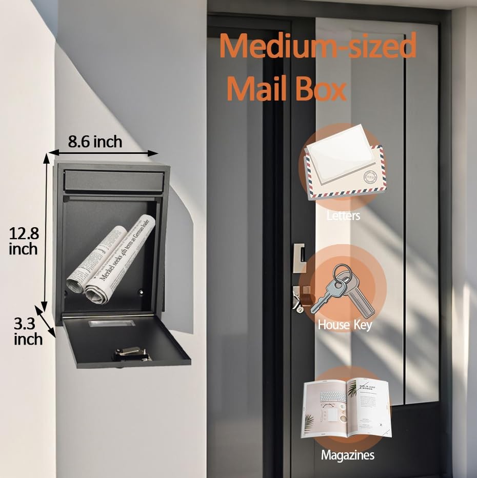 Wall Mount Mailbox, Combination Lock Mail Boxes for Outside, Safe Drop Black