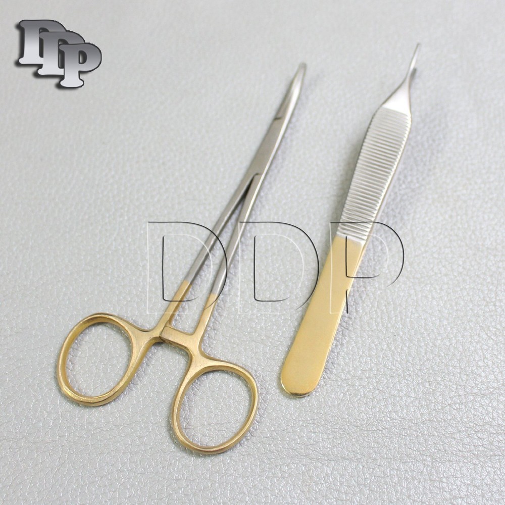 2 PCS GOLD HANDLE SUTURE  KIT MOSQUITO CVD 5" + ADSON TISSUE FORCEPS