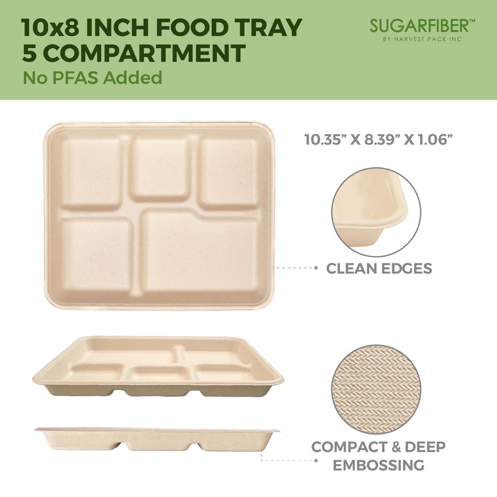 [100 Count]Sugarfiber 10" x 8" Compostable Shallow 5 Compartment Paper Plates...