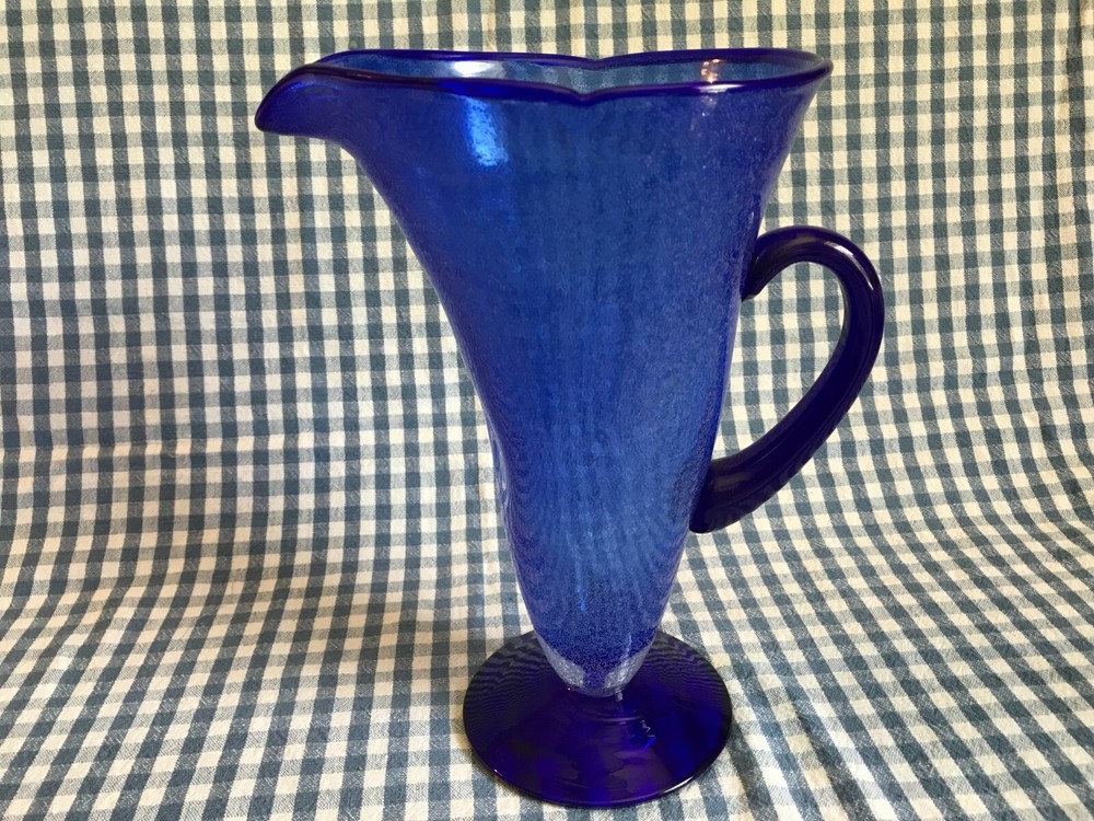 HAND BLOWN BUBBLE GLASS ~ COBALT BLUE FOOTED WATER PITCHER ~ FUSED HANDLE ~