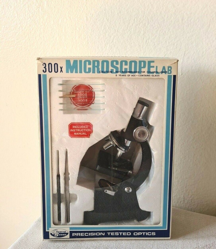 VINTAGE Creative Science 300 POWER MICROSCOPE LAB w/ Slides Original Box +Sleeve