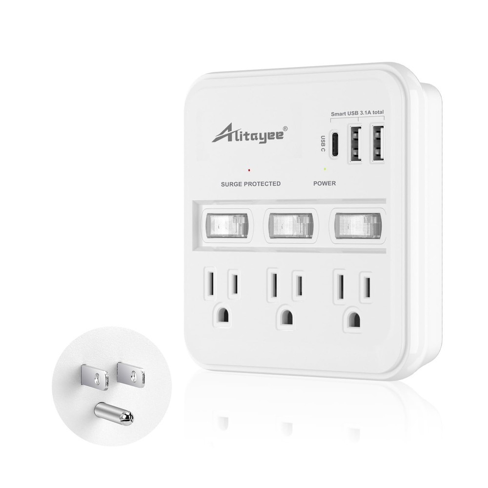 Alitayee Wall Outlet Extender Surge Protector, USB Power Strips with WHITE