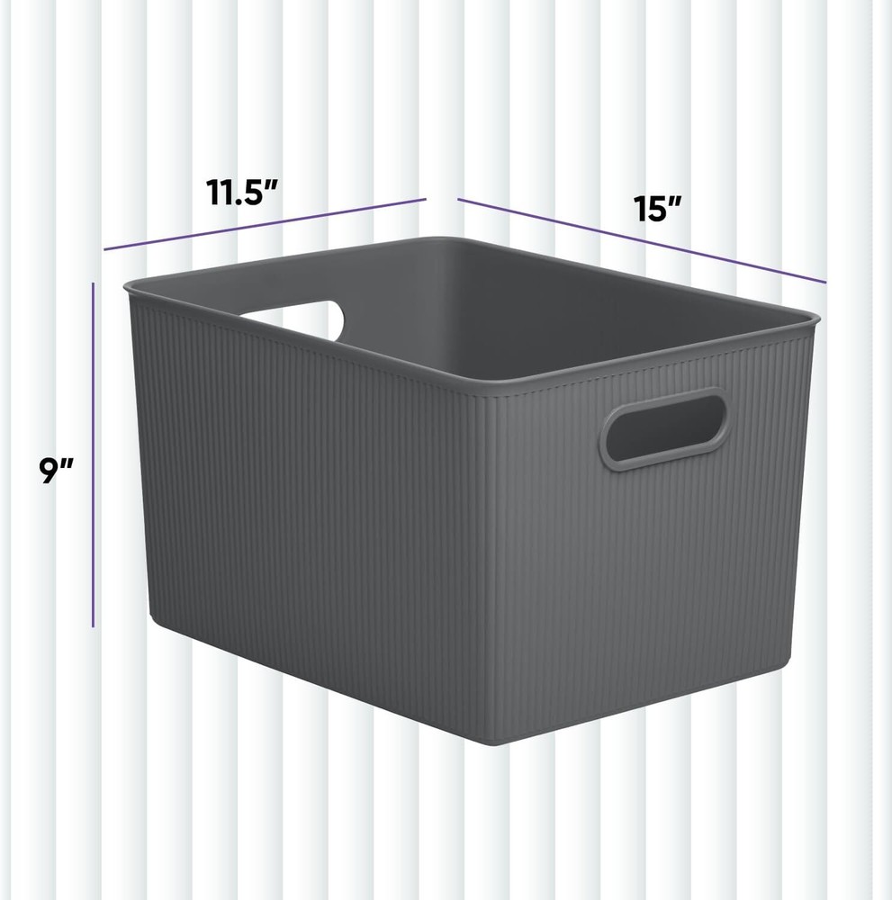 Superio 22L Large Ribbed Storage Bin- Plastic Storage Bin (6 Pack, Grey)