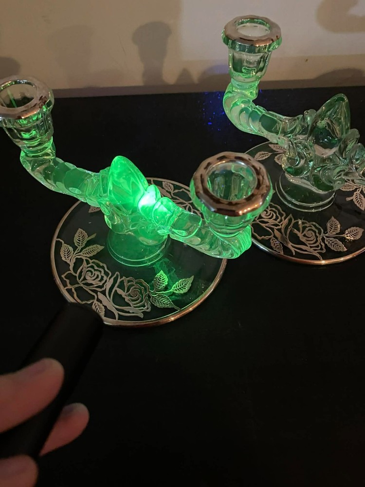 Vtg Pr Pressed Glass Double Light Candlesticks w/Sterling Silver Inlay UV React