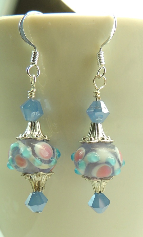 Blue & Pink Lampwork Earrings with Crystal Handmade