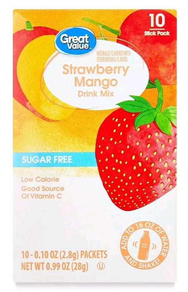 6 BOXES - Great Value Strawberry Mango Drink Mix Sugar FREE - 60 PACKETS