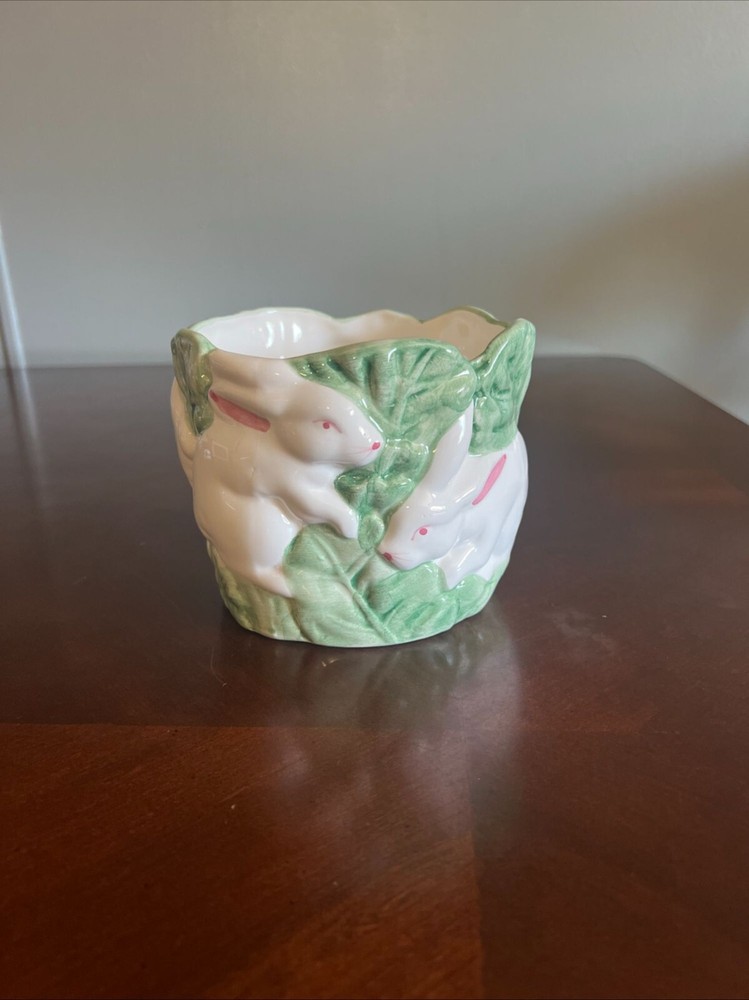 Vintage Ceramic Rabbit Planter/ candy dish cabbage Leaf C pic 4 easter decor