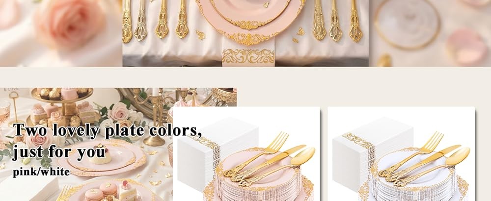 Pink and Gold Plastic Plates - Pink Disposable Dinnerware Sets for