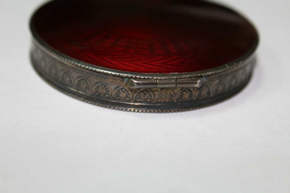 Antique 935 Silver Red Enamel Hallmarks Box Trinket Pill Compact # S285