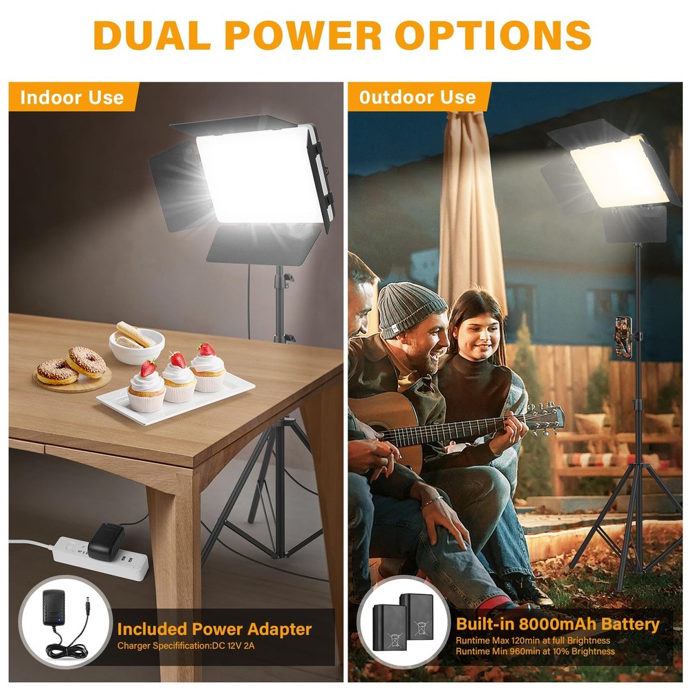 2 Pack Led Video Light Panel Light with Barndoor, 8000mAh Rechargeable Camera...