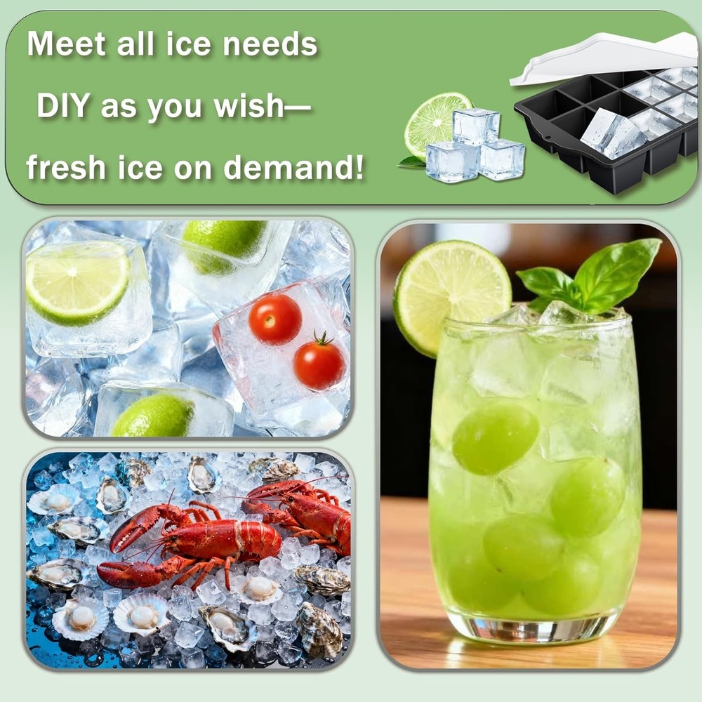 Ice Cube Trays for Freezer, 2 Pack Easy Release Slicone Ice Cube Tray with Lid,