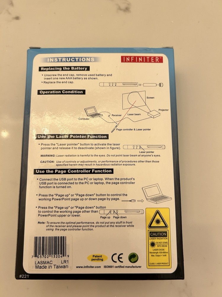 Infiniter LR1 Red Laser Pointer Pen, Remote Page Controller, USB, Battery