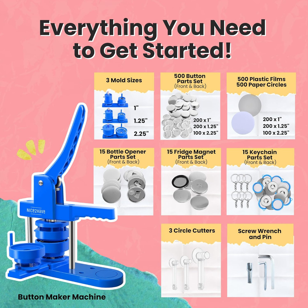 Button Maker Machine – Multiple Size Molds– Pin Maker Machine Kit W/ 500 Buttons