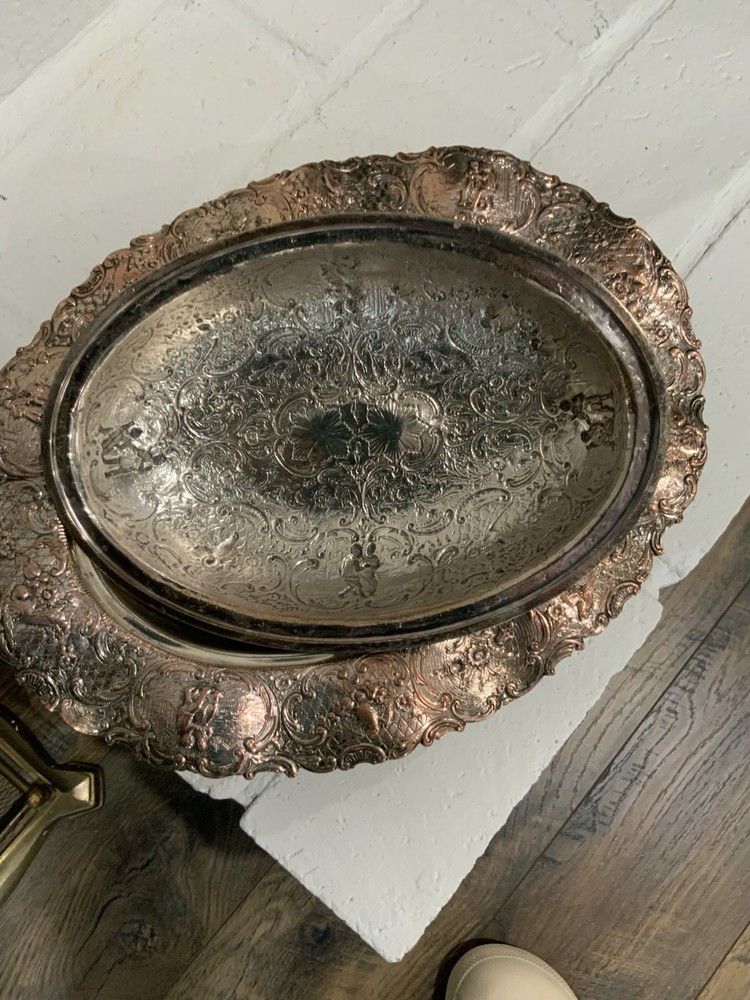 Antique Silver on Copper Oval Covered Repousse Serving Dish from E.G. Webster