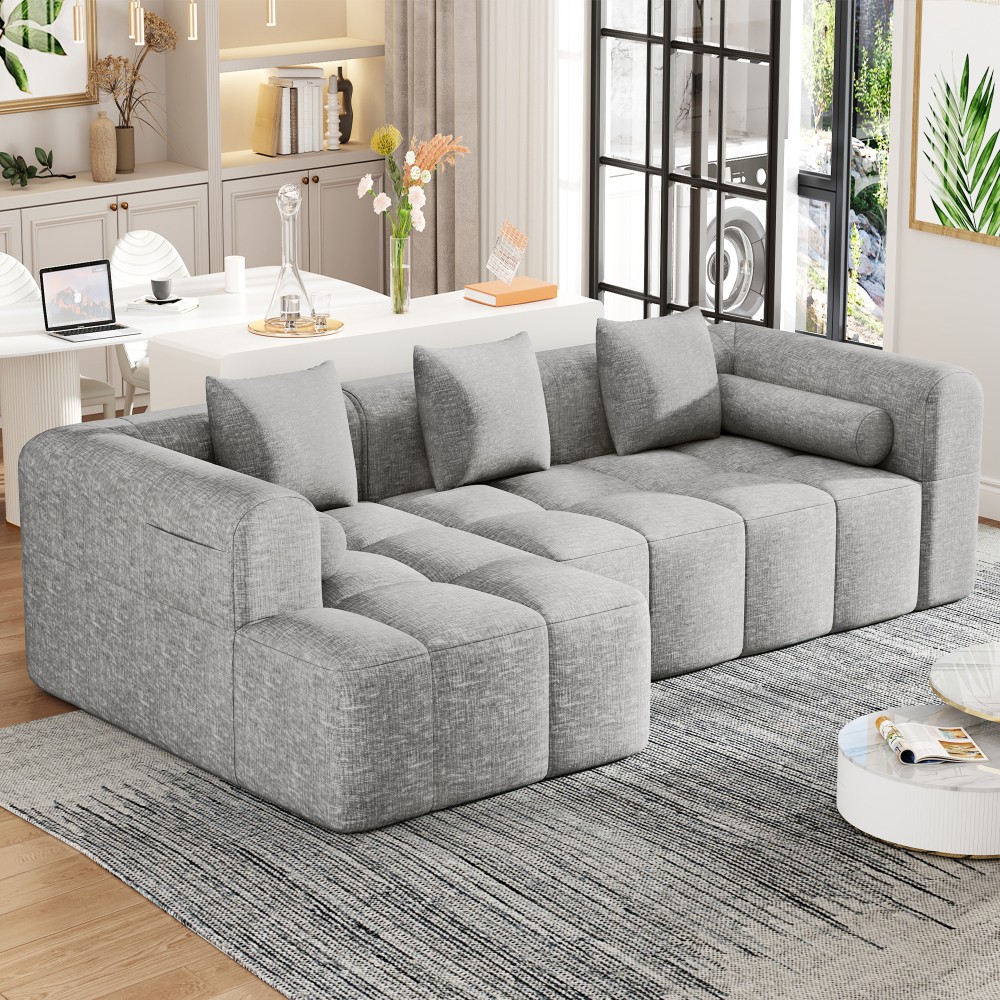3-Seat Modular Sectional Sofa, Tufted Back with Side Pockets, Light Grey