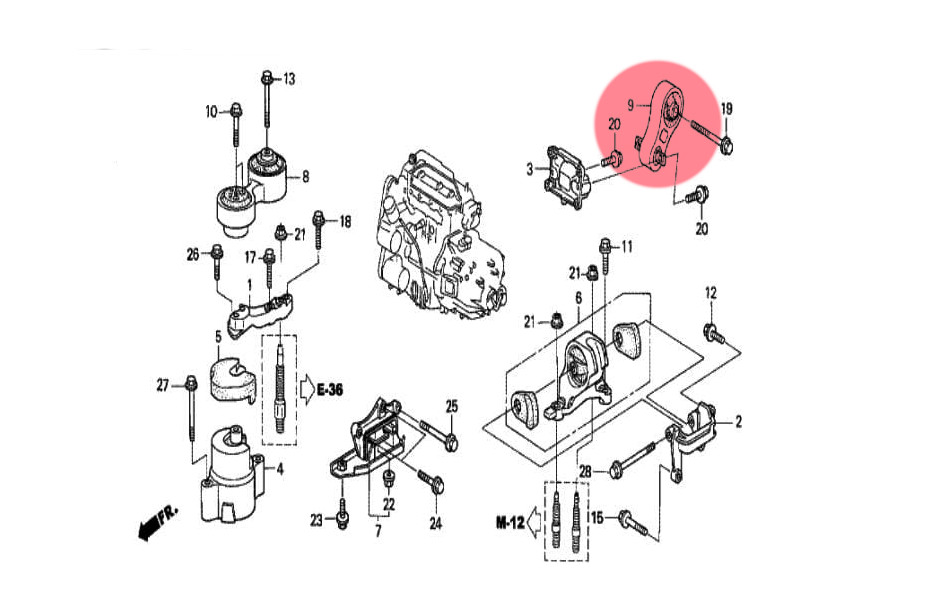 Honda Accord Lower engine mount. Lower engine tie rod. Torque regulator.