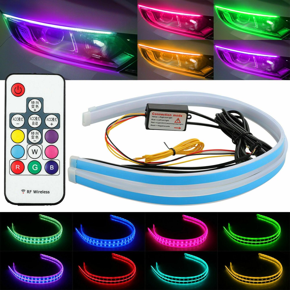 2X 60CM RGB Slim Sequential Flexible LED DRL Turn Signal Strip Remote Headlight