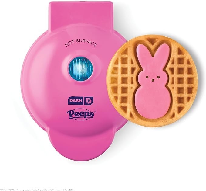 PEEPS Dash Bunny Mini Waffle Maker, 4" Non-Stick, Pink, for Waffles & Chaffles