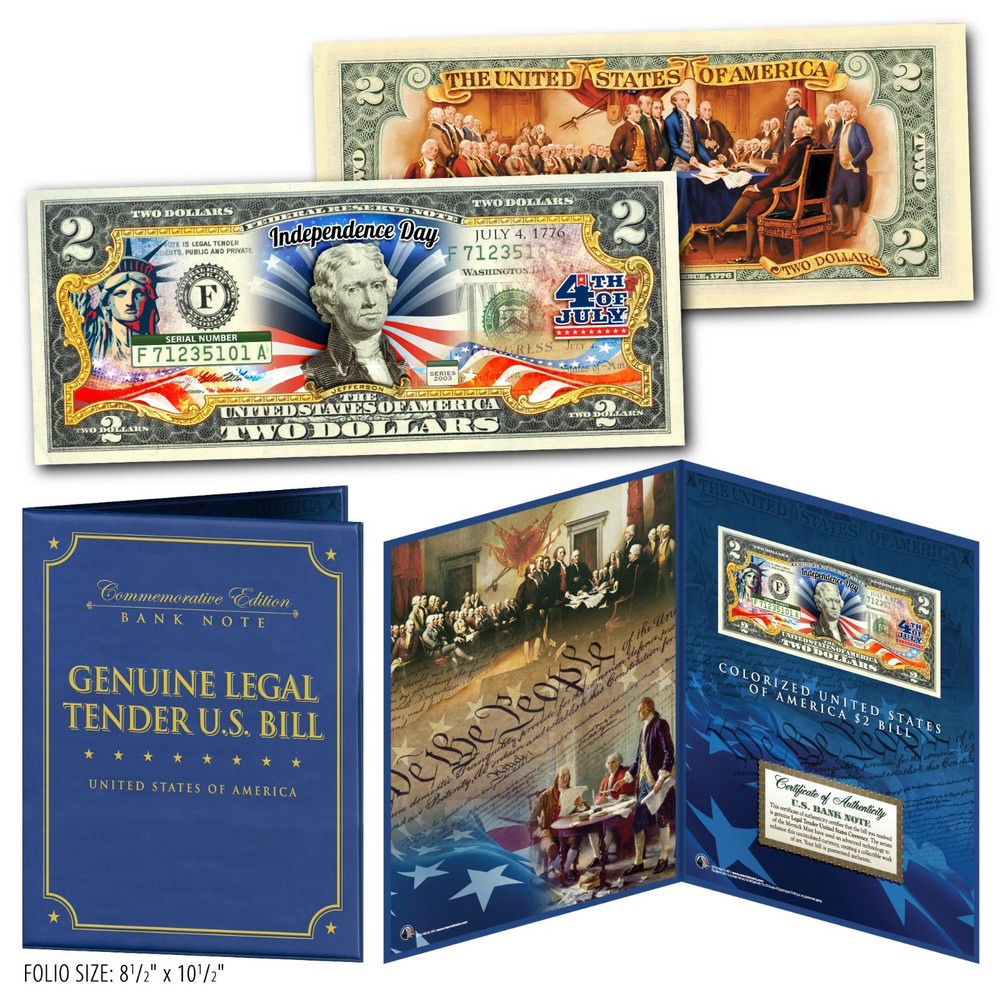 July 4th Independence Day 2-Sided Genuine U.S. $2 Bill in Large Folio Display