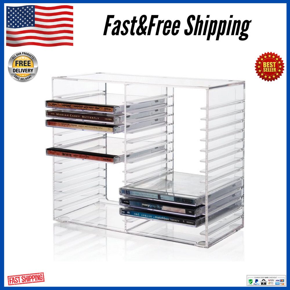 Clear Plastic CD Holder Storage Rack Stacking Tray DVD Disk Case Space Organizer