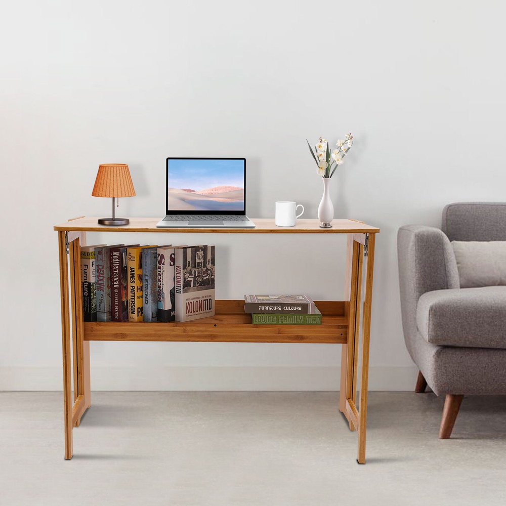 Folding Computer Desk, Modern Writing Table &Storage Shelf Home Office Work Desk