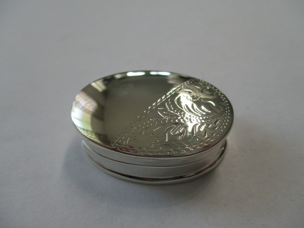 Sterling silver pill box oval shape half engraved half smooth gorgeous style