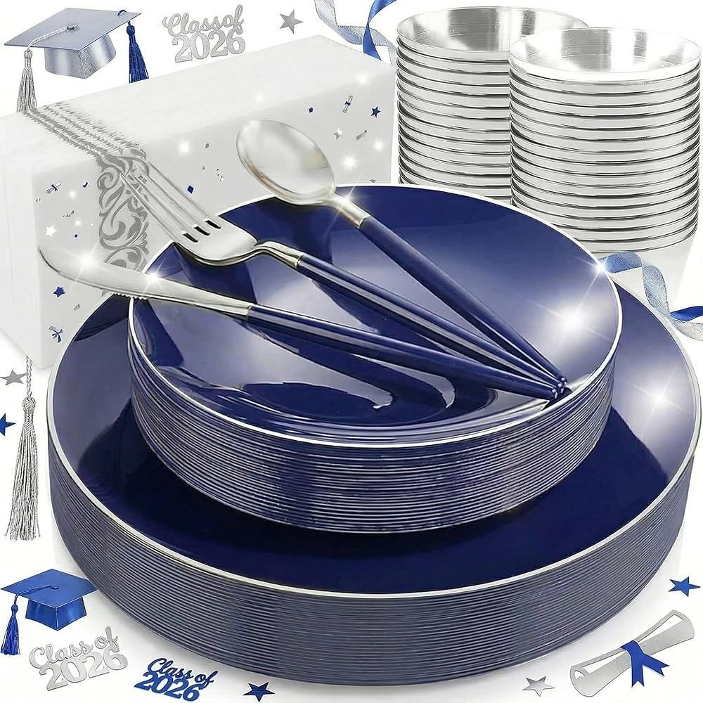 Blue Plastic Plates with Sier Rim & Disposable Sierware with Blue