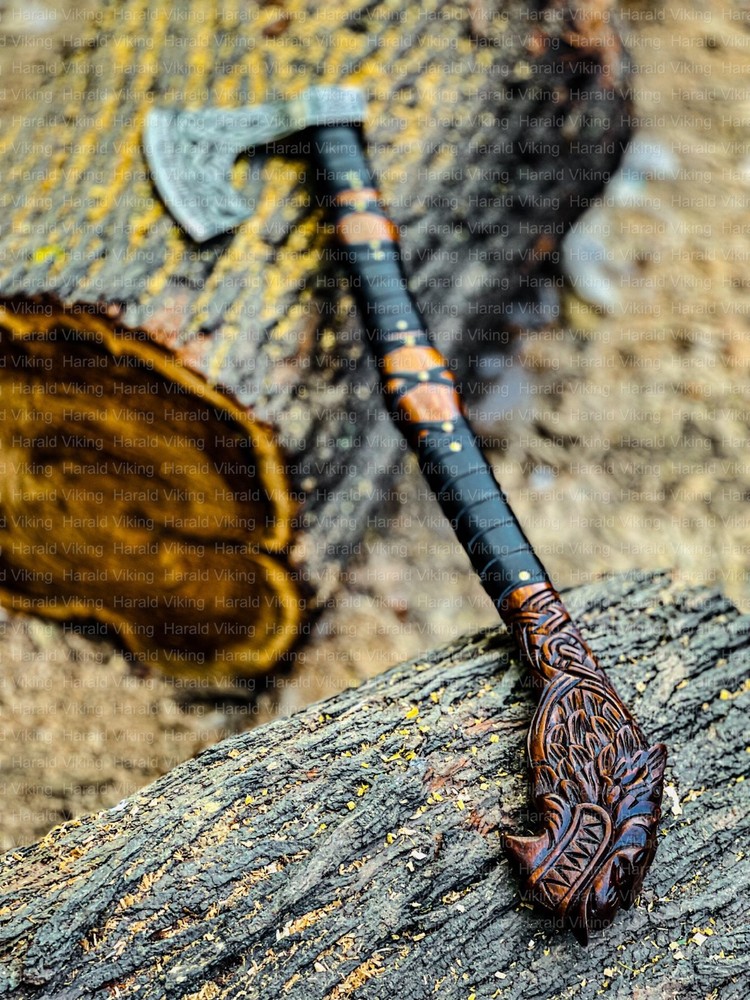 Custom Hand Forged Viking Axe with Wolf Head Engraved Handle Personalized Axe.