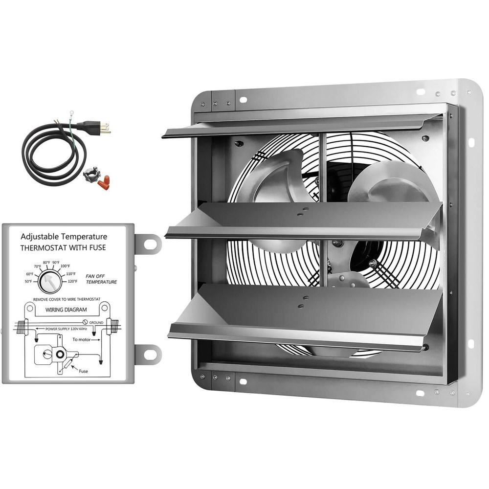 Shutter Exhaust Fan 14 Inch with Temperature Controller & Power Cord Kit Silver