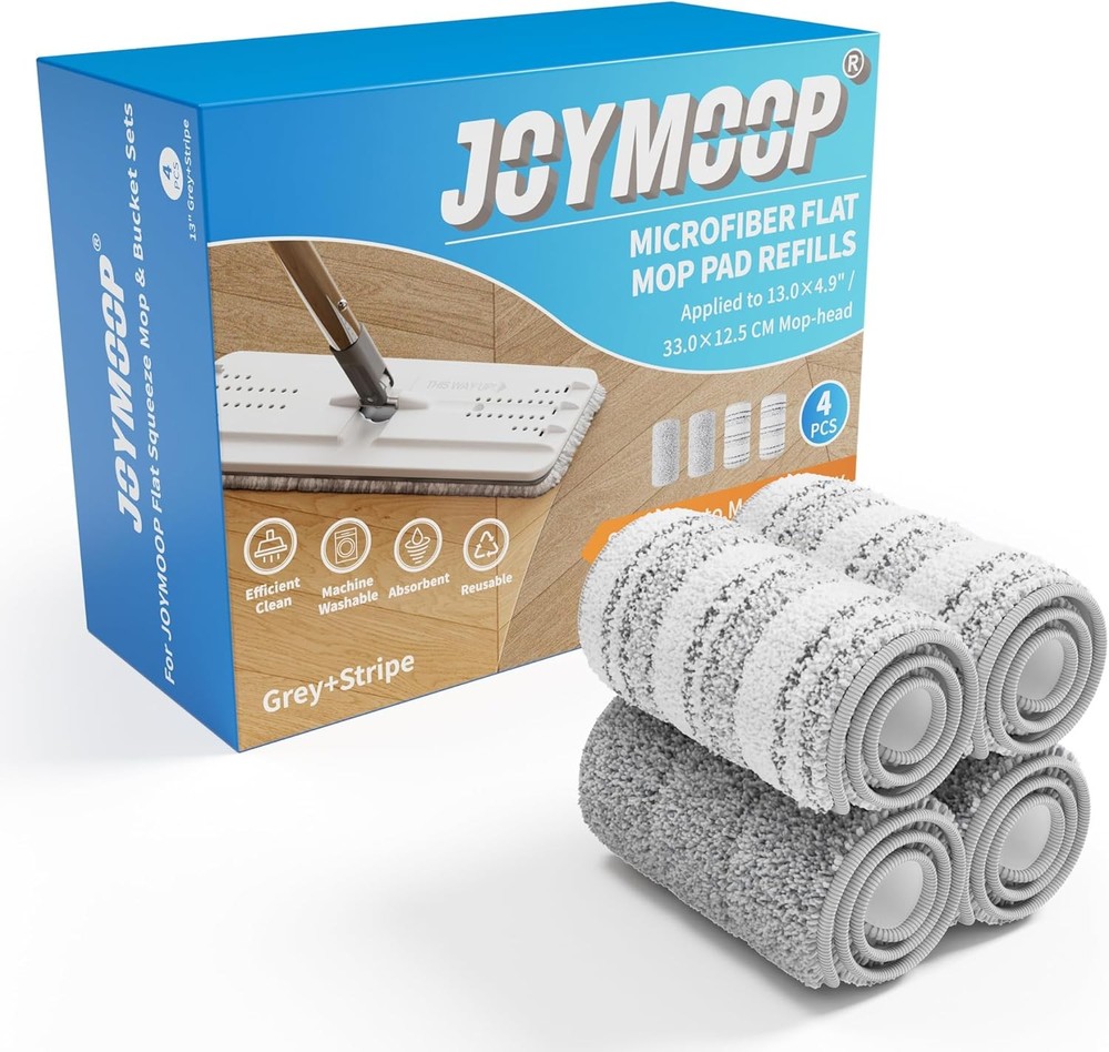 Mop Replacement Pads, 4-Pack 13" × 4.9" Microfiber Flat Mop Refills, Dual Grey