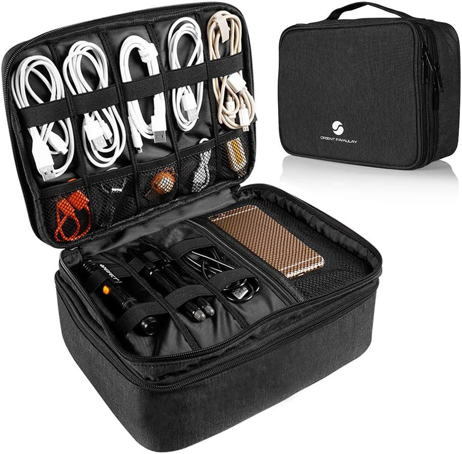 Travel Electronics Organizer Waterproof Double Layer Cable Storage Bag Black