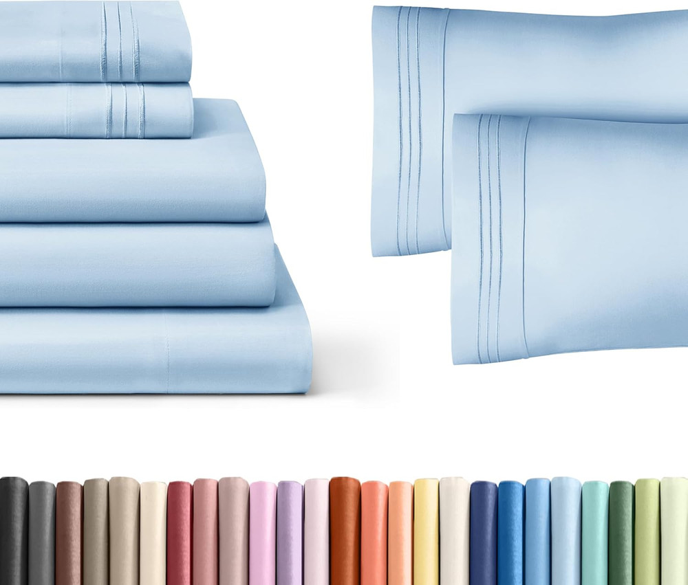 Sky Blue Split King Bed Sheet Set + 2 Extra Pillowcases - Deep Pockets