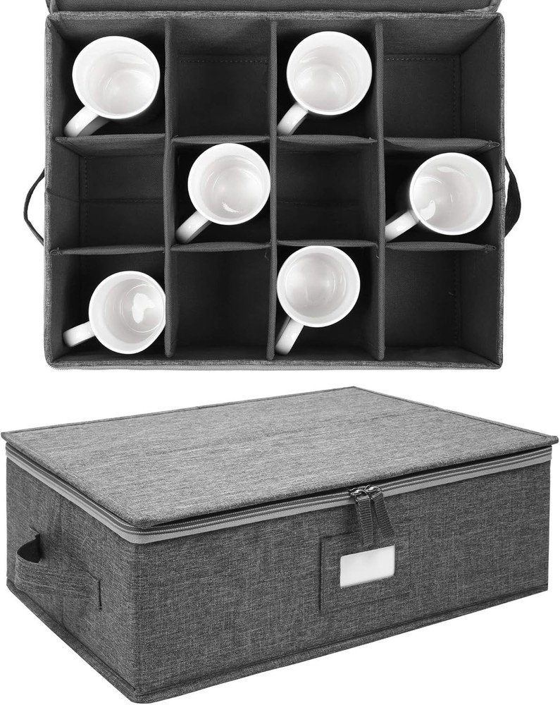 Cup & Mug Storage Box China Cup Storage Containers Chest W/ Zipper Lid & Handles