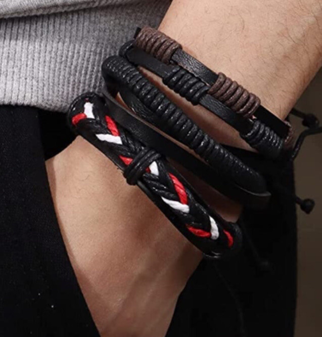 3 PC Unisex Leather Bracelet Stackable Adjustable Tie New Free Ship 8144
